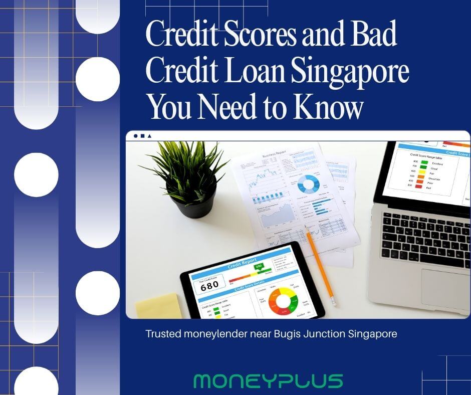 Illustration showing credit score reports, financial charts, and loan documents representing credit scores and bad credit loan options in Singapore.