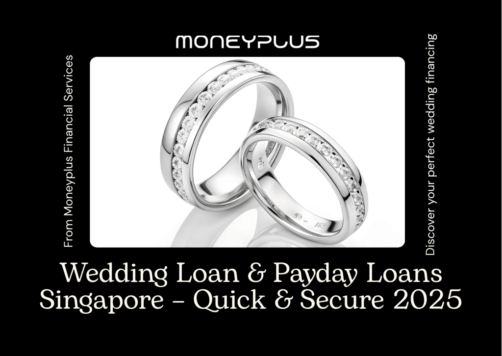 Two diamond wedding rings with the text 'Wedding Loan & Payday Loans Singapore – Quick & Secure 2025' promoting licensed financial services by Moneyplus for wedding and short-term loans in Singapore.