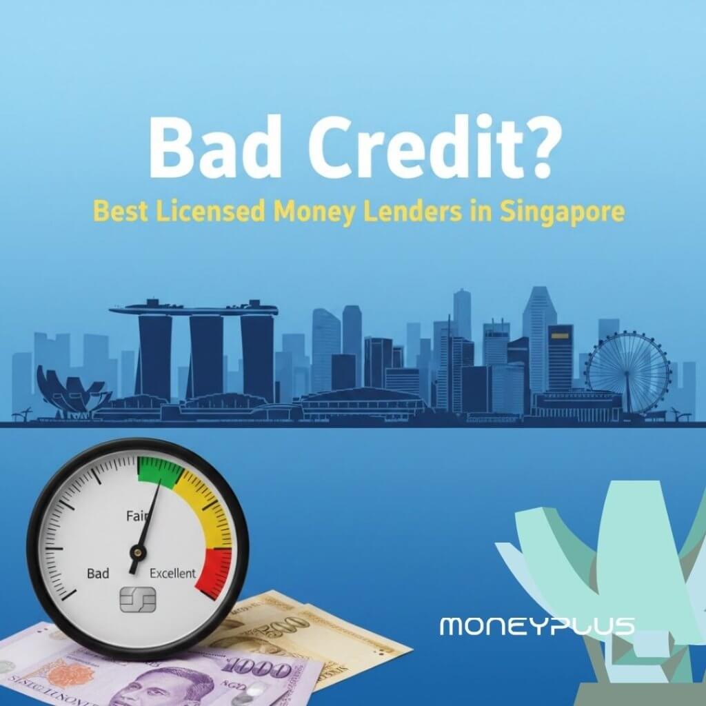Singapore skyline illustration with credit score gauge and SGD notes, representing bad credit loan Singapore options, best licensed money lenders, urgent cash loan today services, and reliable bad credit money lenders for borrowers searching near me in Singapore.