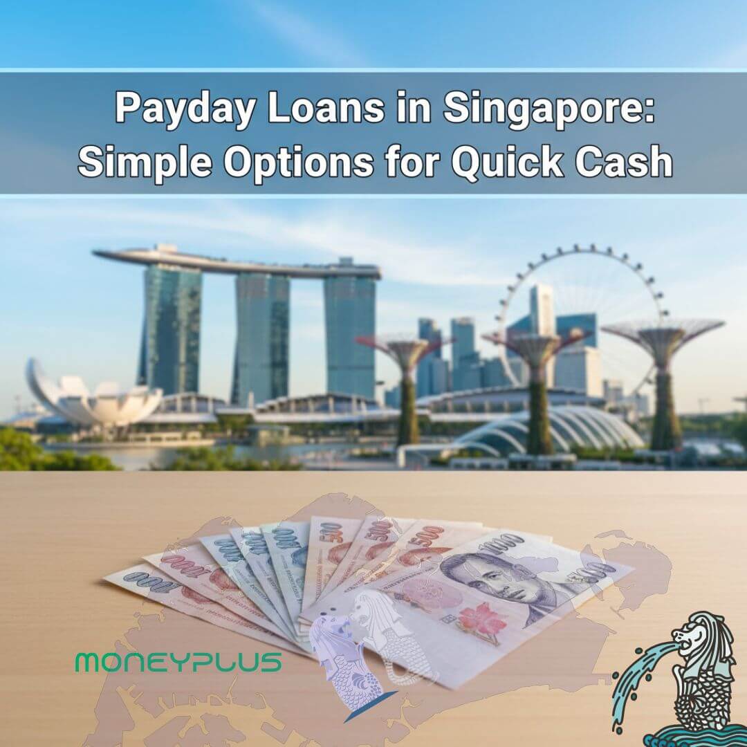 Payday loan advertisement showing Singapore skyline with Marina Bay Sands and Supertree Grove, featuring Singapore dollar notes and the text ‘Payday Loans in Singapore: Simple Options for Quick Cash.