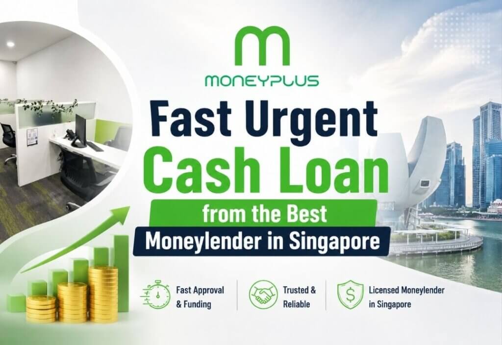 Fast urgent cash loan featured image by Moneyplus Capital Pte. Ltd. showing a modern Singapore office, company logo, and Marina Bay skyline promoting licensed moneylender services in Singapore.