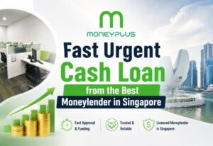 Fast urgent cash loan featured image by Moneyplus Capital Pte. Ltd. showing a modern Singapore office, company logo, and Marina Bay skyline promoting licensed moneylender services in Singapore.