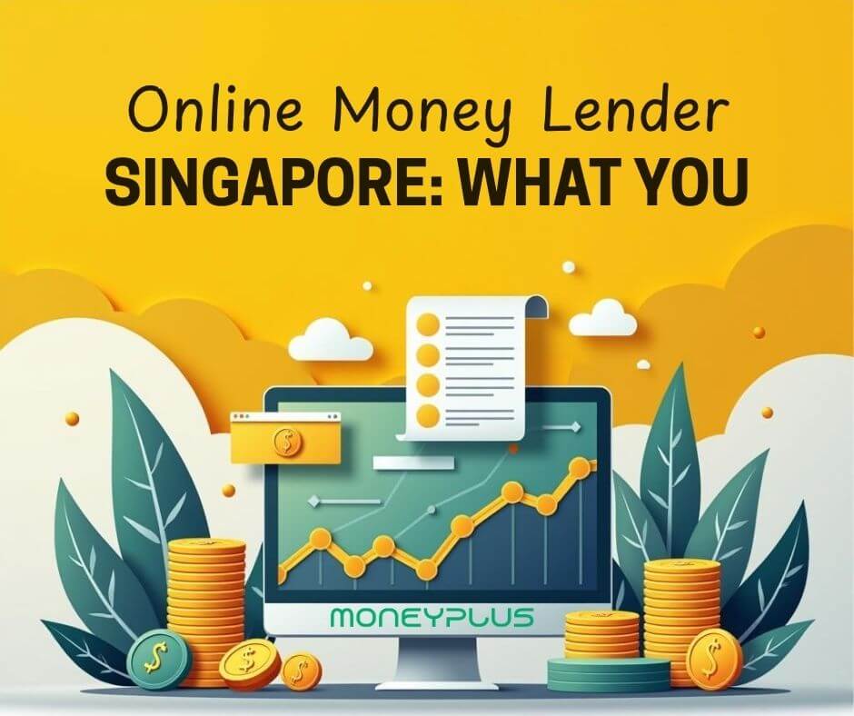 Illustration of online money lending in Singapore featuring digital devices, coins, and charts, with bold title “Online Money Lender Singapore: What You Need to Know” promoting safe, licensed lending practices in 2025.