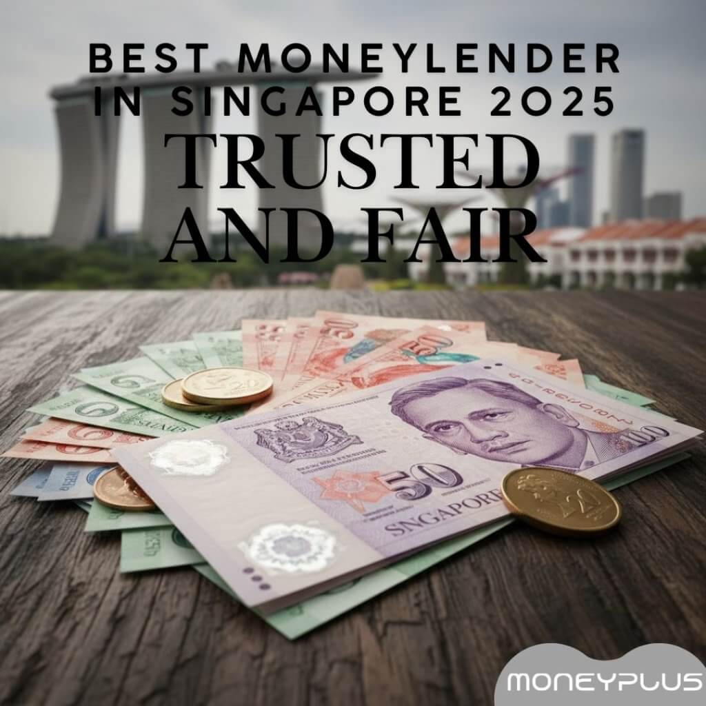 Singapore currency notes and coins displayed on a wooden table with Marina Bay Sands in the background. Text overlay reads “Best Moneylender in Singapore 2025 – Trusted and Fair.” Promotes licensed lending services by Moneyplus.