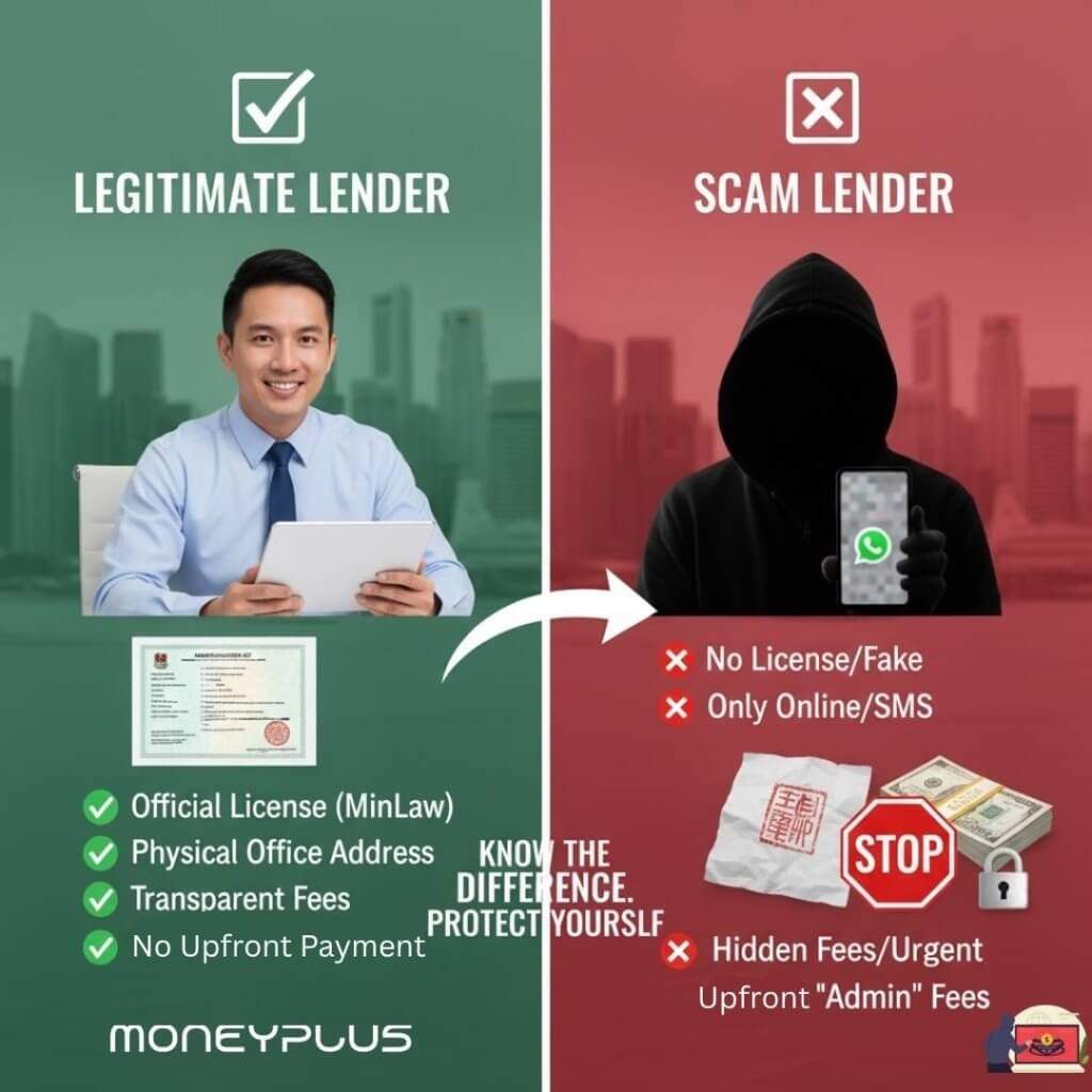 Comparison of legitimate and loan scams lenders by Moneyplus Capital Pte Ltd, showing the difference between MLaw-licensed moneylenders and fake online scammers.