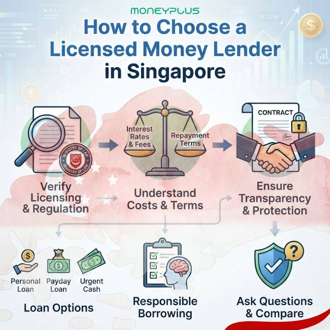 How to choose a licensed money lender in Singapore, showing steps like verifying licensing, understanding loan costs and terms, and borrowing responsibly