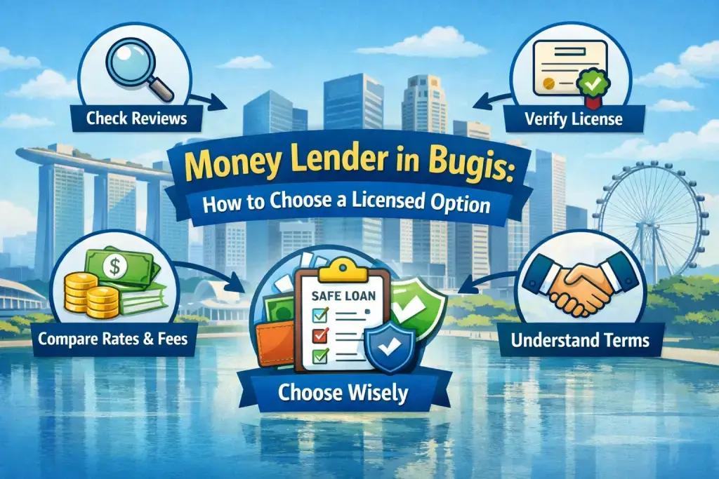 Infographic guide on choosing a licensed money lender in Bugis, Singapore, highlighting licence verification, loan terms, fee comparison, reviews, and responsible borrowing.
