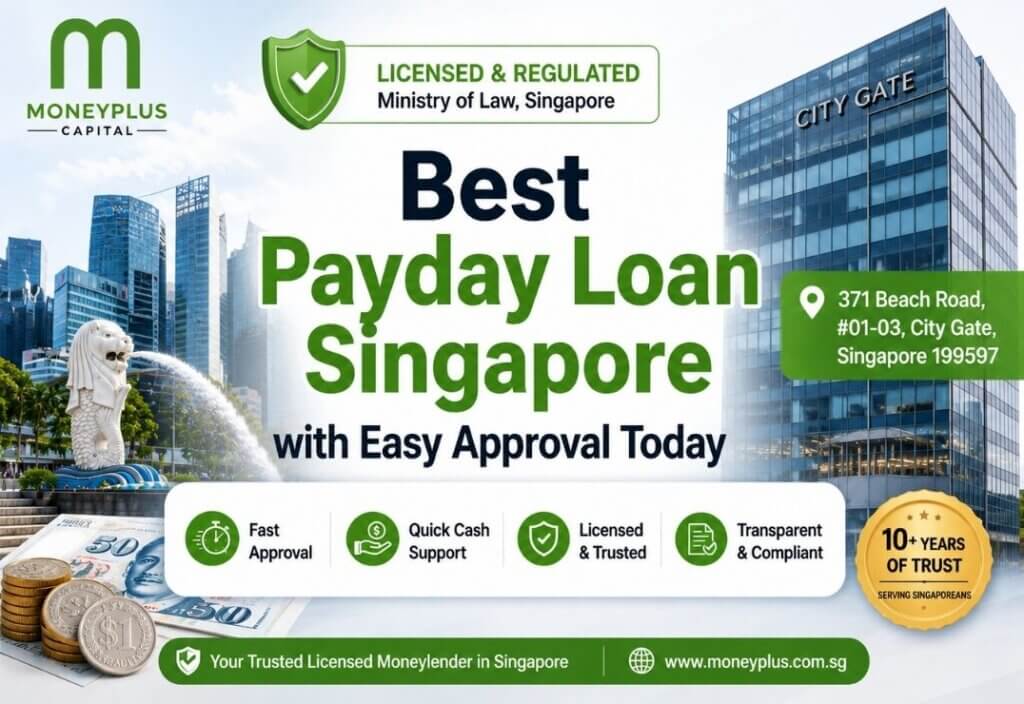 Best Payday Loan Singapore with Easy Approval Today – Featured image showing Moneyplus Capital office at City Gate Singapore, licensed payday loan Singapore services, fast approval, trusted money lender, and financial support infographic.
