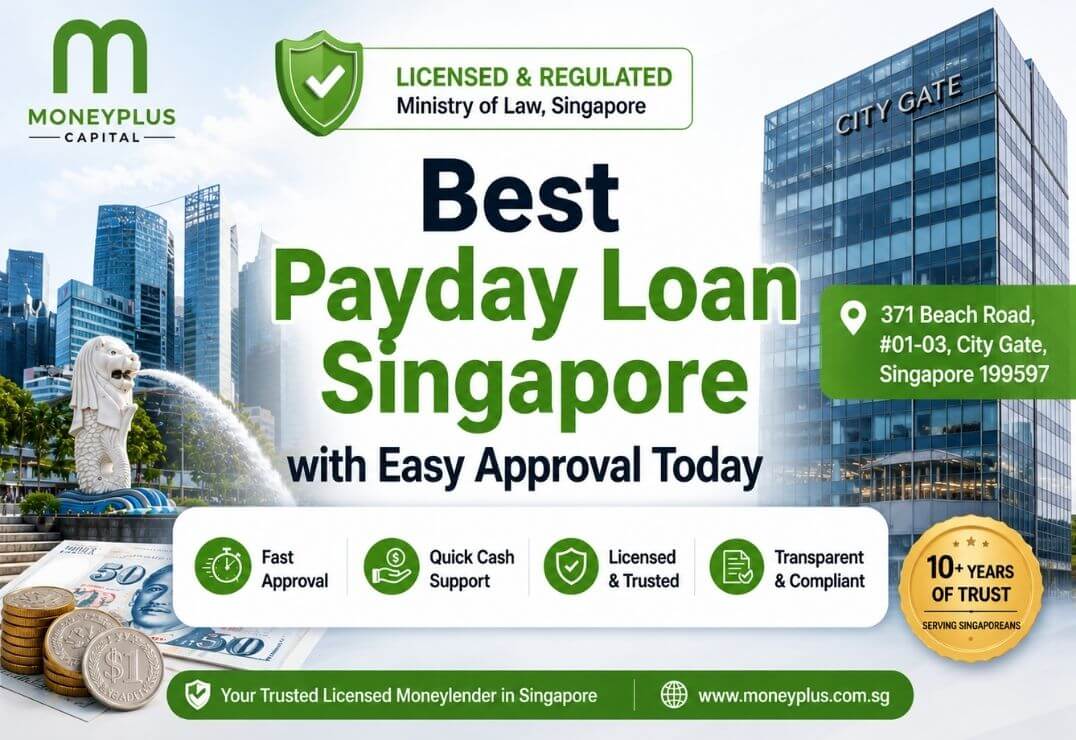 Best Payday Loan Singapore with Easy Approval Today – Featured image showing Moneyplus Capital office at City Gate Singapore, licensed payday loan Singapore services, fast approval, trusted money lender, and financial support infographic.