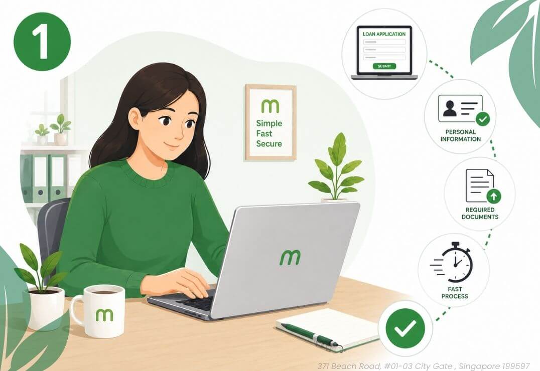 Apply for a Fast Urgent Cash Loan Singapore online with Moneyplus Capital, showing a borrower completing a loan application with required documents, identity verification, and a fast application process.