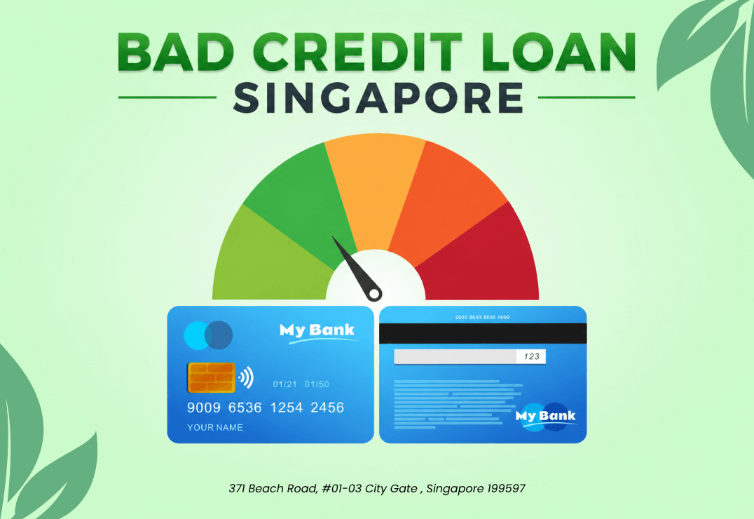Bad Credit Loan Singapore illustration showing a credit score gauge and bank cards by Moneyplus Capital, licensed moneylender at City Gate Singapore helping borrowers with poor or limited credit history.