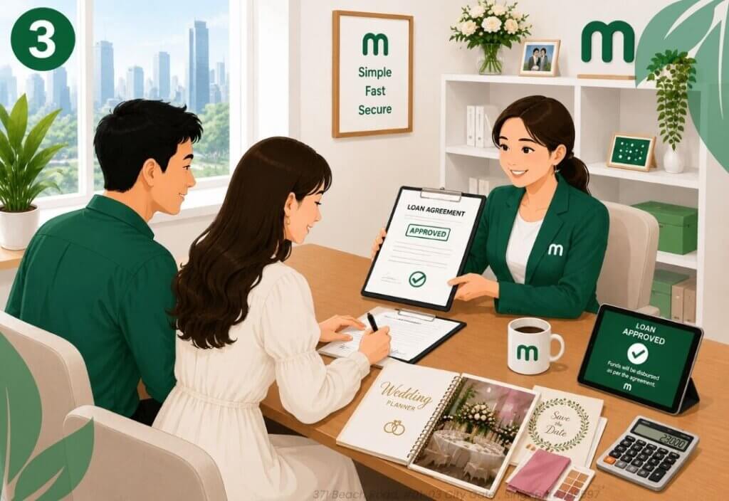 Wedding Loan Singapore consultation at Moneyplus Capital showing a couple discussing wedding financing options, eligibility requirements, and repayment plans with a licensed loan consultant in Singapore.