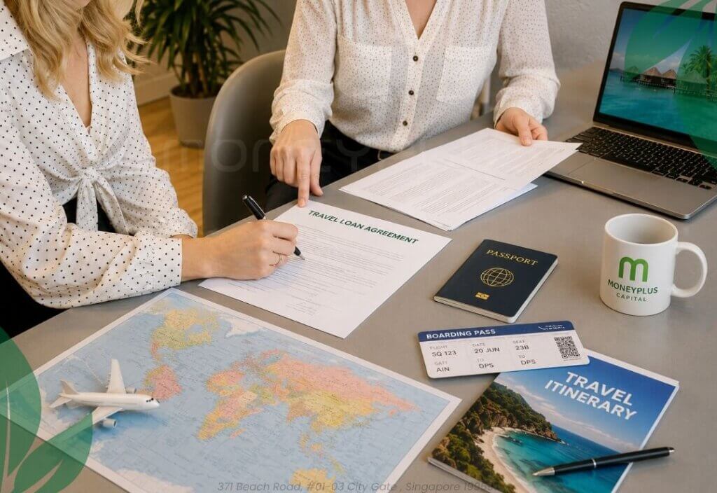 Travel Loan Singapore application agreement signing at Moneyplus Capital licensed moneylender in City Gate Singapore with passport, boarding pass, travel itinerary, and travel planning documents.