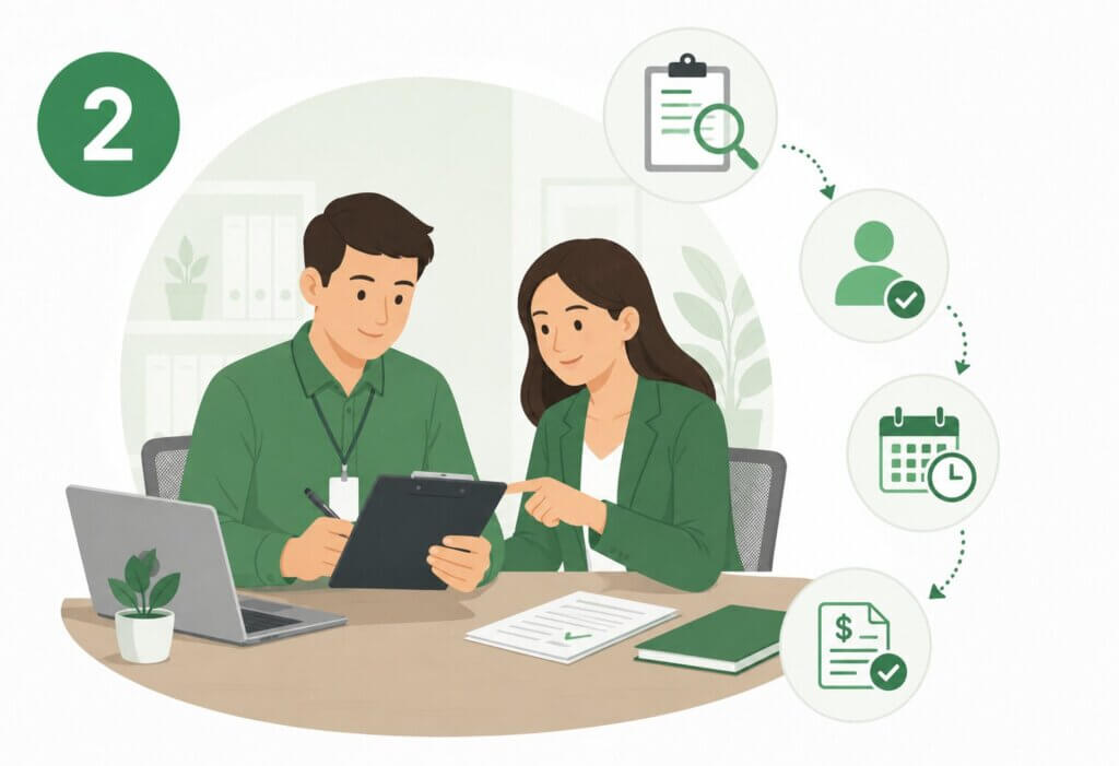 Payday Loan Singapore assessment and verification illustration showing a loan officer reviewing application details and supporting documents.
