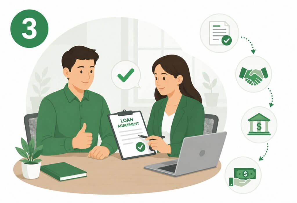 Payday Loan Singapore approval and disbursement illustration showing a borrower signing a loan agreement before receiving approved funds.