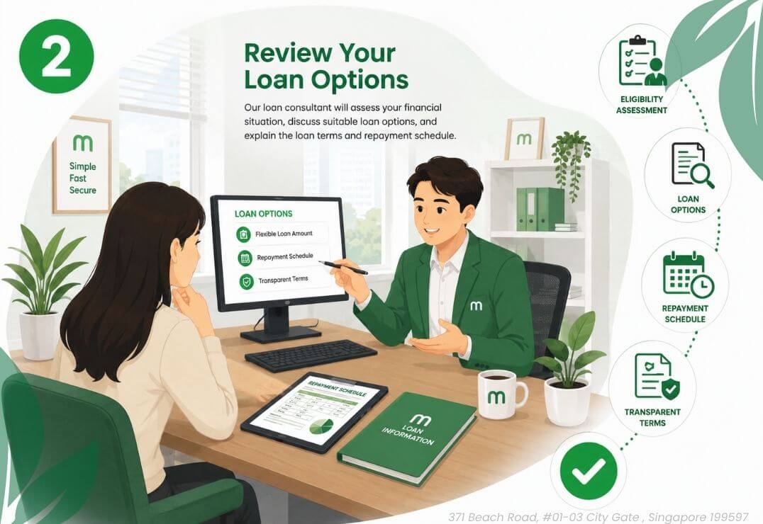 Review Your Loan Options with Moneyplus Capital's Fast Urgent Cash Loan Singapore service, featuring a loan consultant explaining loan options, repayment schedules, eligibility assessment, and transparent loan terms to an eligible borrower.
