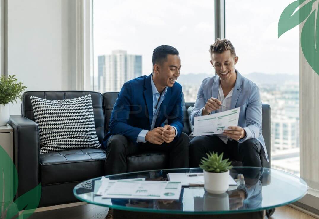 Customer discussing Bridging Loan Singapore options with a loan consultant at Moneyplus Capital, a licensed moneylender near Nicoll Highway MRT in City Gate Singapore.