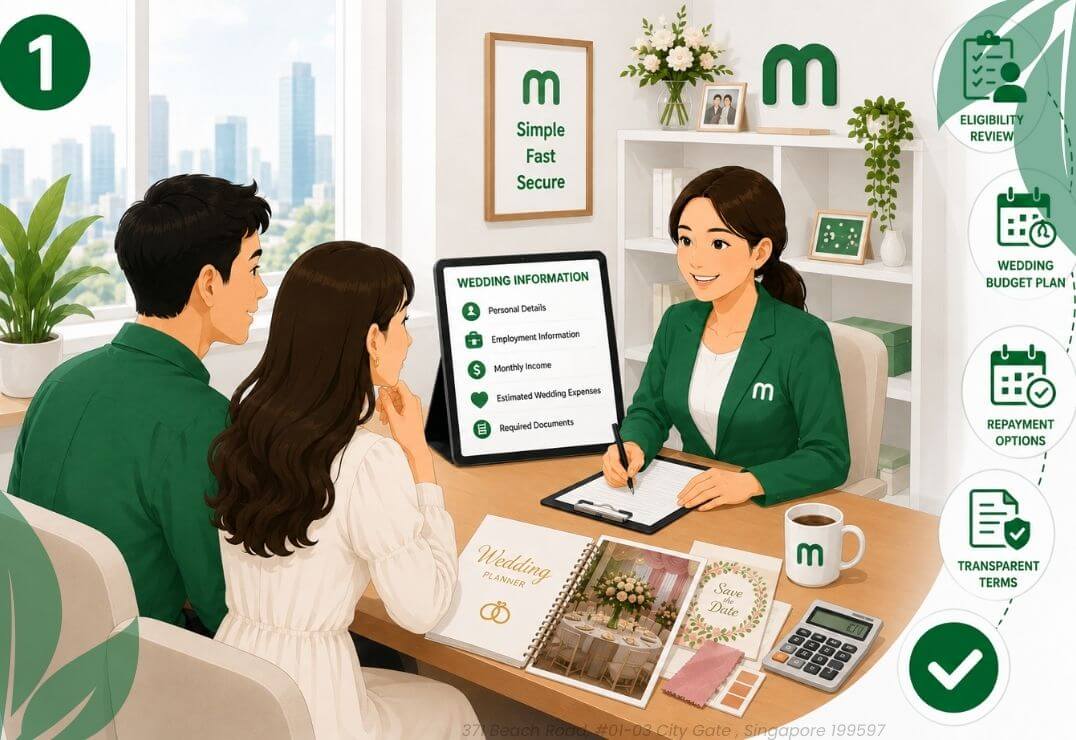 Wedding Loan Singapore consultation at Moneyplus Capital showing a couple discussing wedding financing, budget planning, eligibility review, and loan repayment options with a licensed moneylender in Singapore.